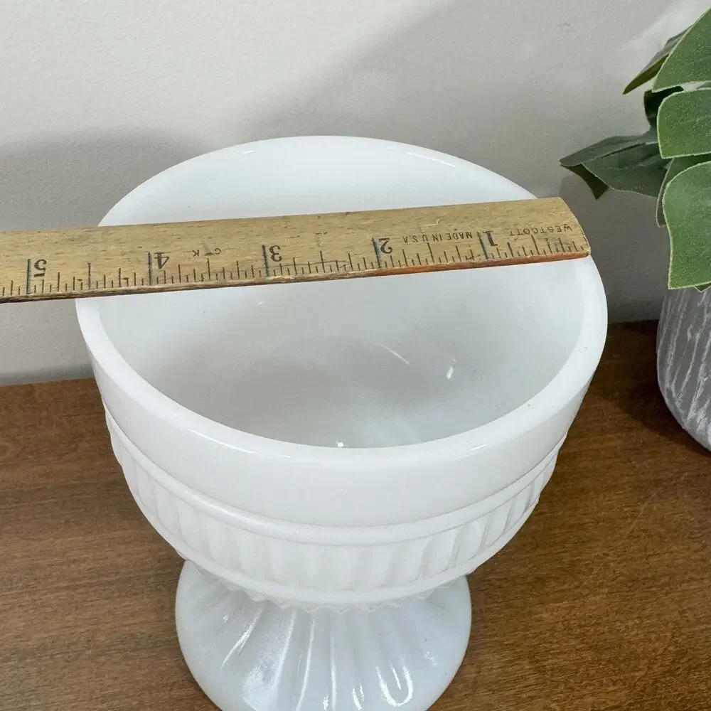 Vintage Milk Glass Pedestal Vase Ribbed Compote Bowl White Mid Century Modern